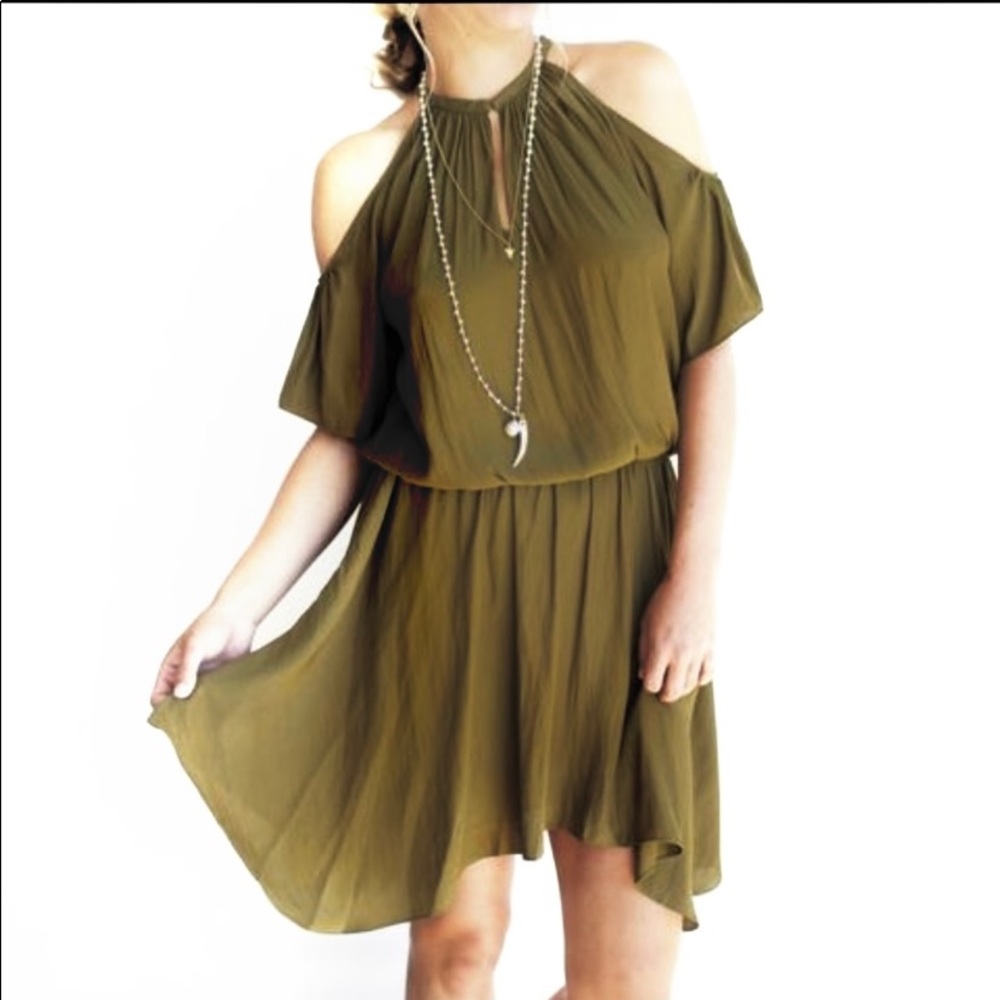 Ramy Brook Olive Cold Shoulder Handkerchief Hem Mini Dress - Picture 4 of 10